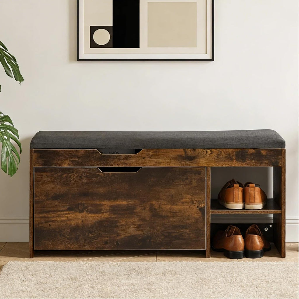 Shoe Storage Bench with a Flip Drawer, Entryway Bench with Removable Cushion, Hallway & Mudroom Organizer with Seat, Front Door Shoe Rack Cabinet, Brown