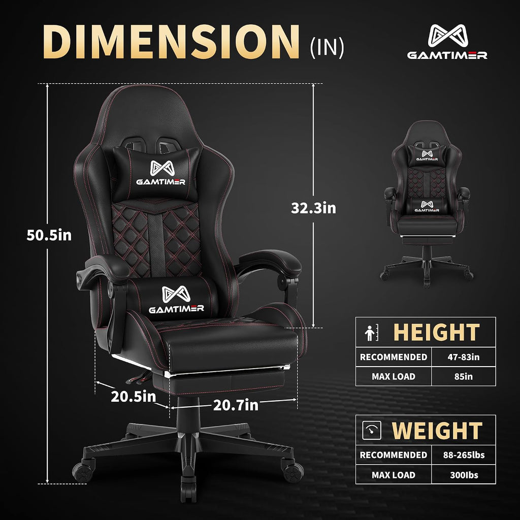 Gamtimer Gaming Chair, 400 LB Weight Capacity,with Pocket Spring Cushion | Ergonomic Backrest Office Chair,Leather, with Headrest and Lumbar Support, Footrest, Suitable for Adults(Black)