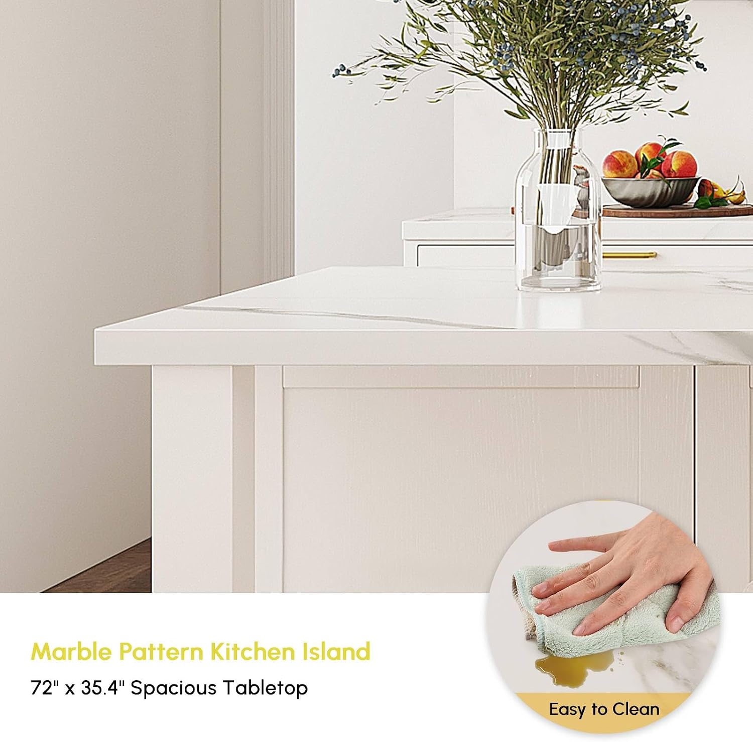 72" Kitchen Island with Storage,White Marble Melamine Cabinet with Drawers, Shelves & Wine Rack for Kitchen or Dining Room