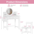 BOLUO Kids Vanity Table and Chair Set, Kids Vanity for Girls with Lights and Mirror, 2 in 1 Kid Vanity Set, Princess Makeup Vanity Desk with Drawers White