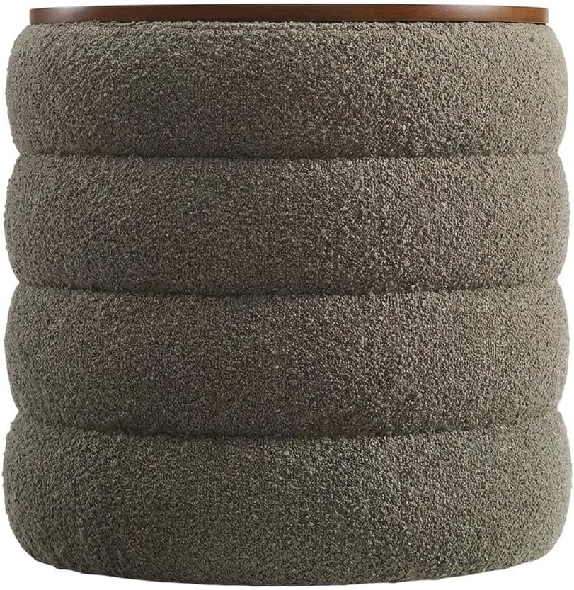 Gray Round Boucle Fabric Storage Ottoman, Indoor-Outdoor Seating, 17.3-Inch Diameter, Soft Boucle, Durable Structure