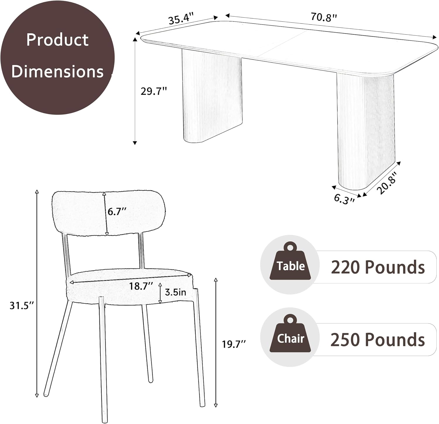 RGZ Modern Oval Dining Table Set for 4,71" Faux Marble Kitchen Table with Ripple Legs & 4 White Black Boucle Dining Chairs, Dinner Table and Chair for Dining Room, Home, Apartment