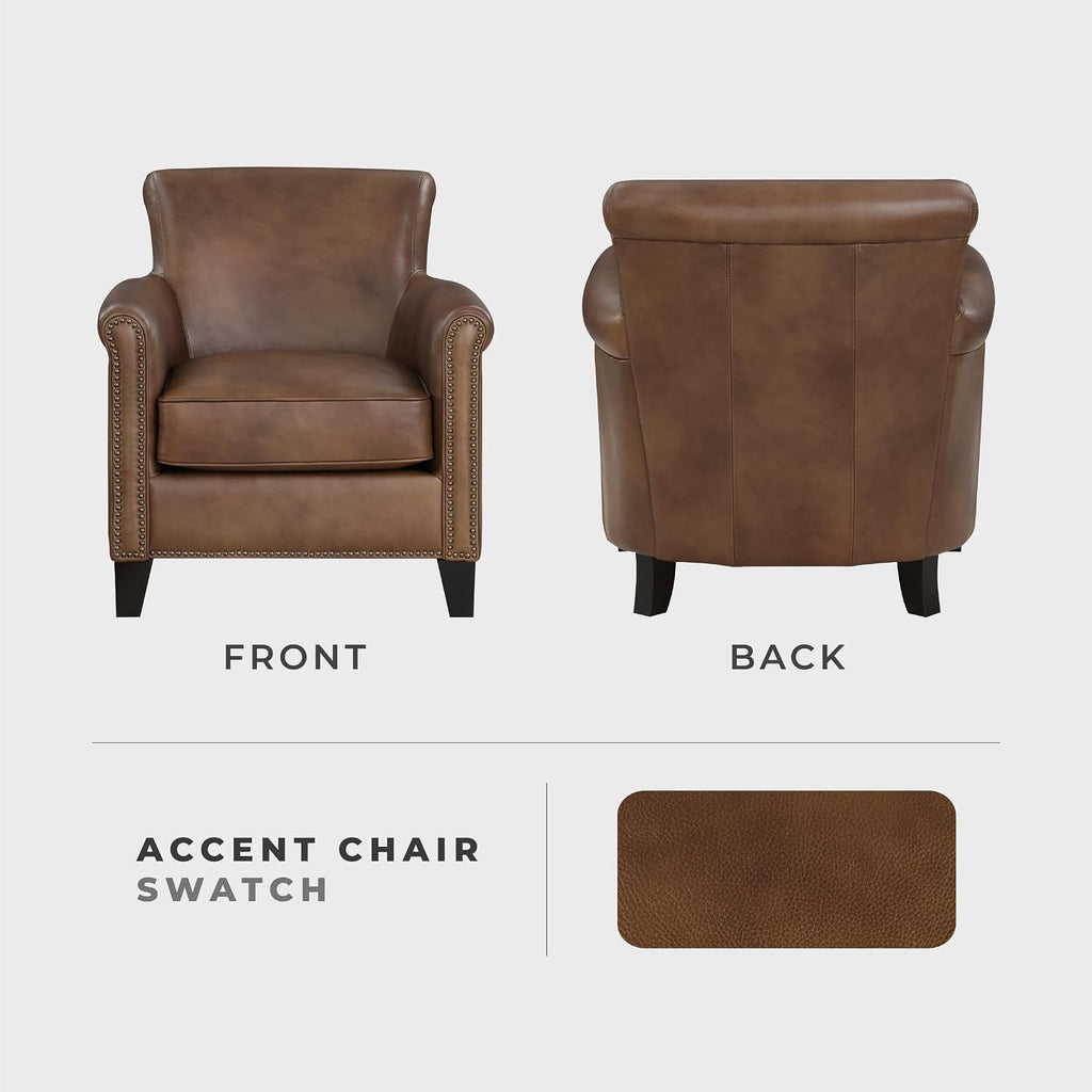Lexicon Top Grain Genuine Leather Chair, Rolled Armrest, Classic Brown | Living Room Leather Accent Chair, Solid Wood Frame, Nailhead Trim, Comfy Reading Chair for Bedroom, Office