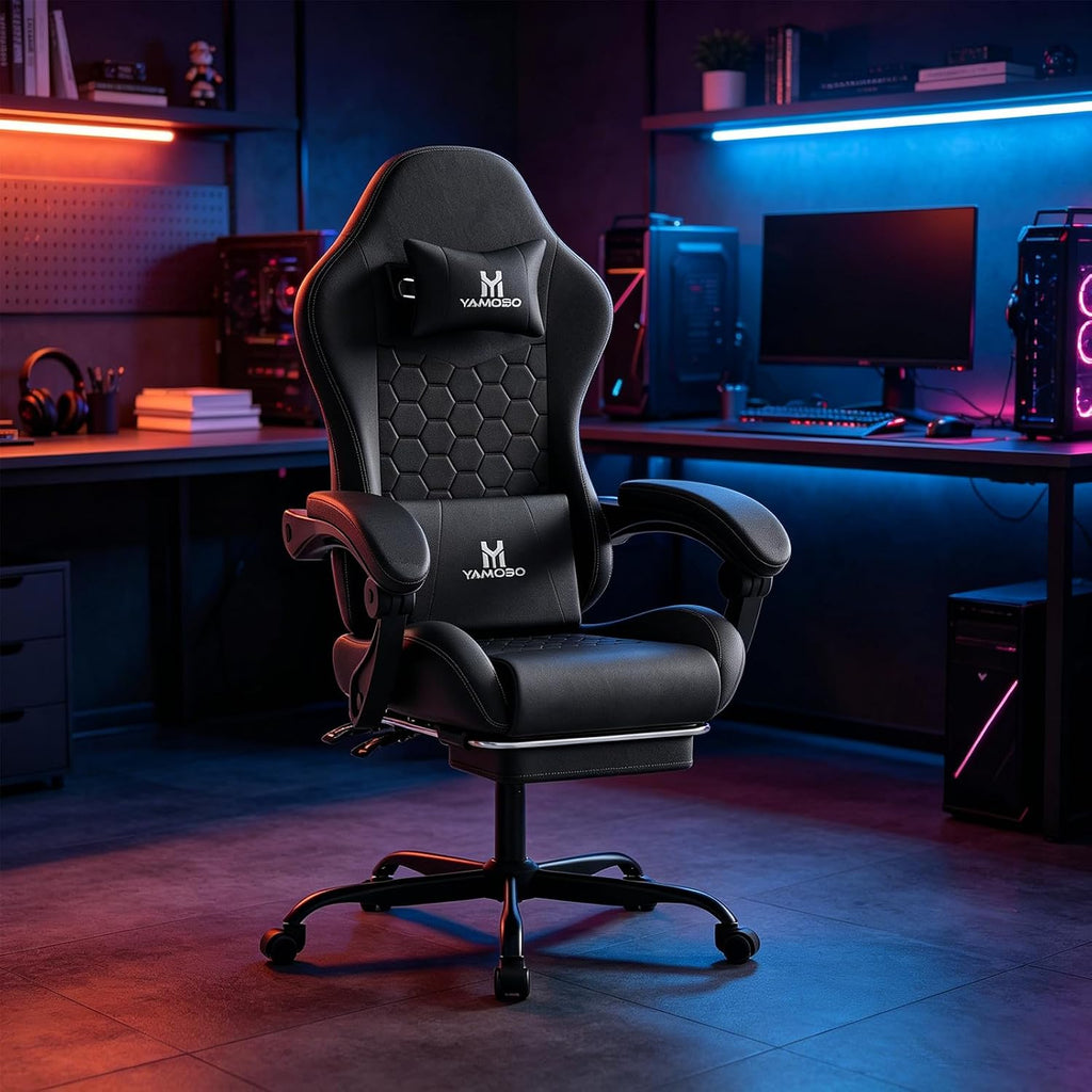 Gaming Chair, Computer Office Chair with Footrest, Adjustable Height & Backrest Gaming Chairs with Swivel for Adults, High Back PU Leather Ergonomic Chair with Lumbar Support, Black