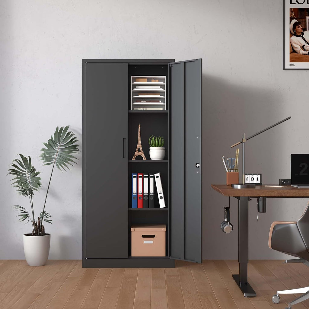 Lockable Cabinet Metal Storage Cabinet, 69" Locking Metal Storage Cabinet with 3 Adjustable Shelves,Black Metal Cabinet with 2 Doors and Lock for Office, Garage, Home (Black, 69")