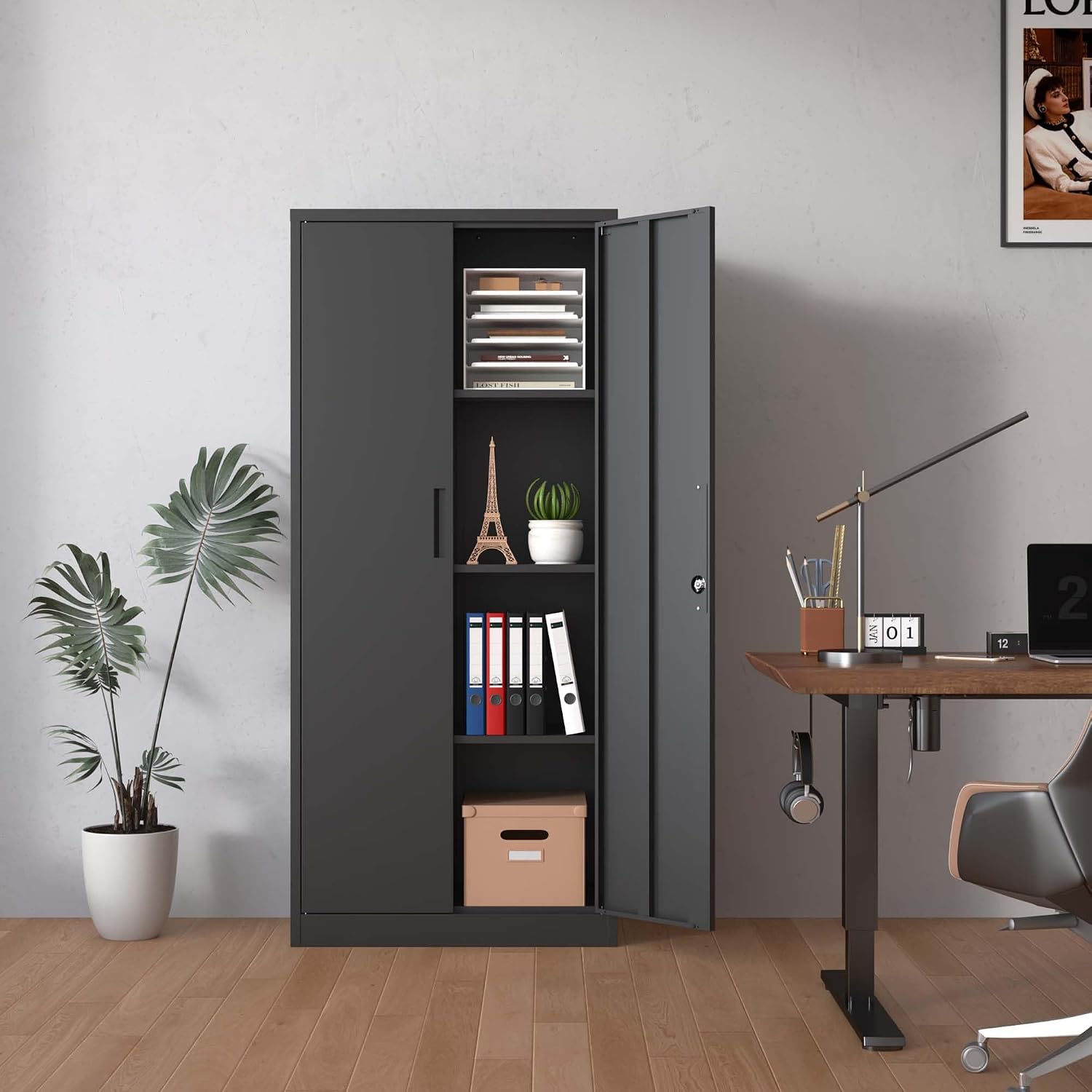 Lockable Cabinet Metal Storage Cabinet, 69" Locking Metal Storage Cabinet with 3 Adjustable Shelves,Black Metal Cabinet with 2 Doors and Lock for Office, Garage, Home (Black, 69")