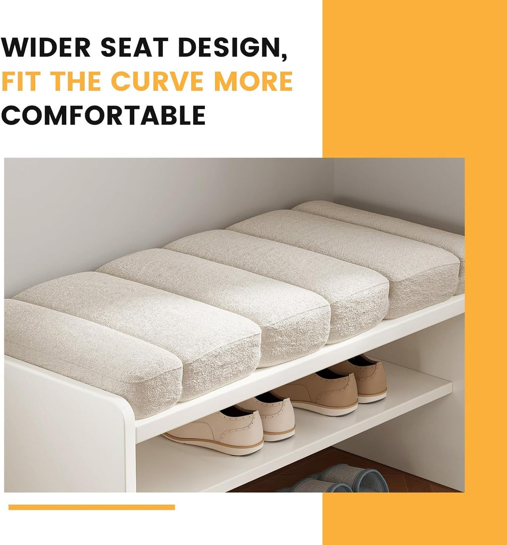 Modern Shoe Bench with Storage, Shoe Rack with Cushion Upholstered Fabric Shoes Changing Stool with 2 Tier Storage Space for Entryway Living Room End of Bed Bedroom, Cream White