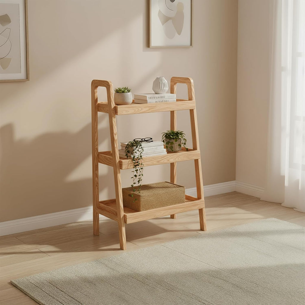 Oak Ladder Bookshelf, 3 Tier Display Shelf for Living Room, Natural Wood