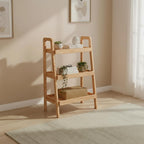 Oak Ladder Bookshelf, 3 Tier Display Shelf for Living Room, Natural Wood