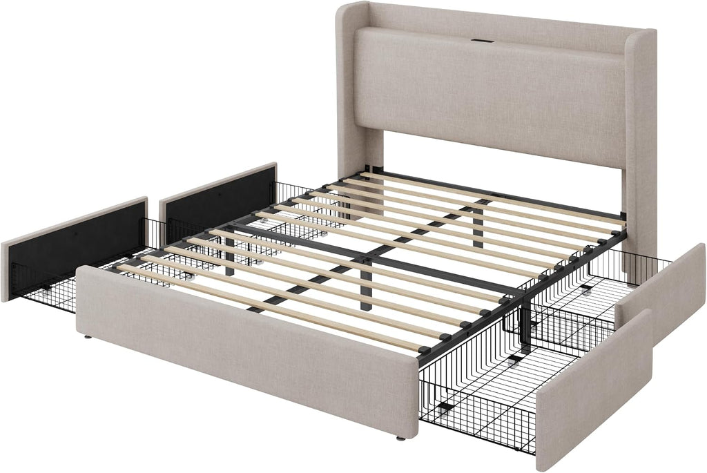 SHA CERLIN Queen Size Storage Bed Frame with 4 Oversized Drawers, Modern Wingback Headboard with Storage Shelf & Charging Station, No Box Spring Needed, Easy Assembly, Beige