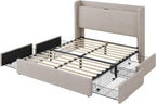 SHA CERLIN Queen Size Storage Bed Frame with 4 Oversized Drawers, Modern Wingback Headboard with Storage Shelf & Charging Station, No Box Spring Needed, Easy Assembly, Beige