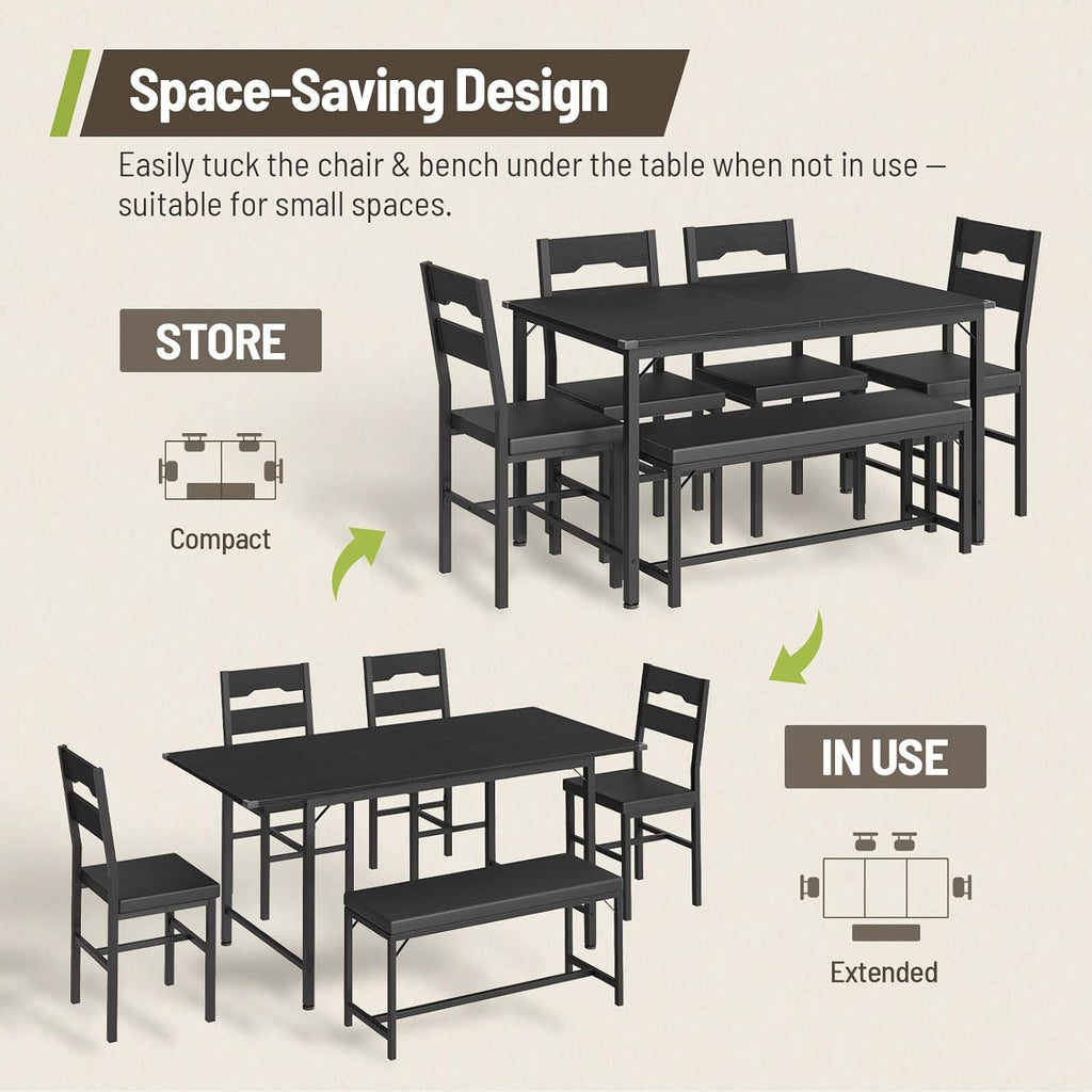 6-Piece Dining Table Set for 4-8, 63" Extendable Kitchen Table with 4 PU Upholstered Dining Room Chairs & Bench, Heavy-Duty Metal Frame, Space-Saving, for Small Space, Office, Kitchen, Black