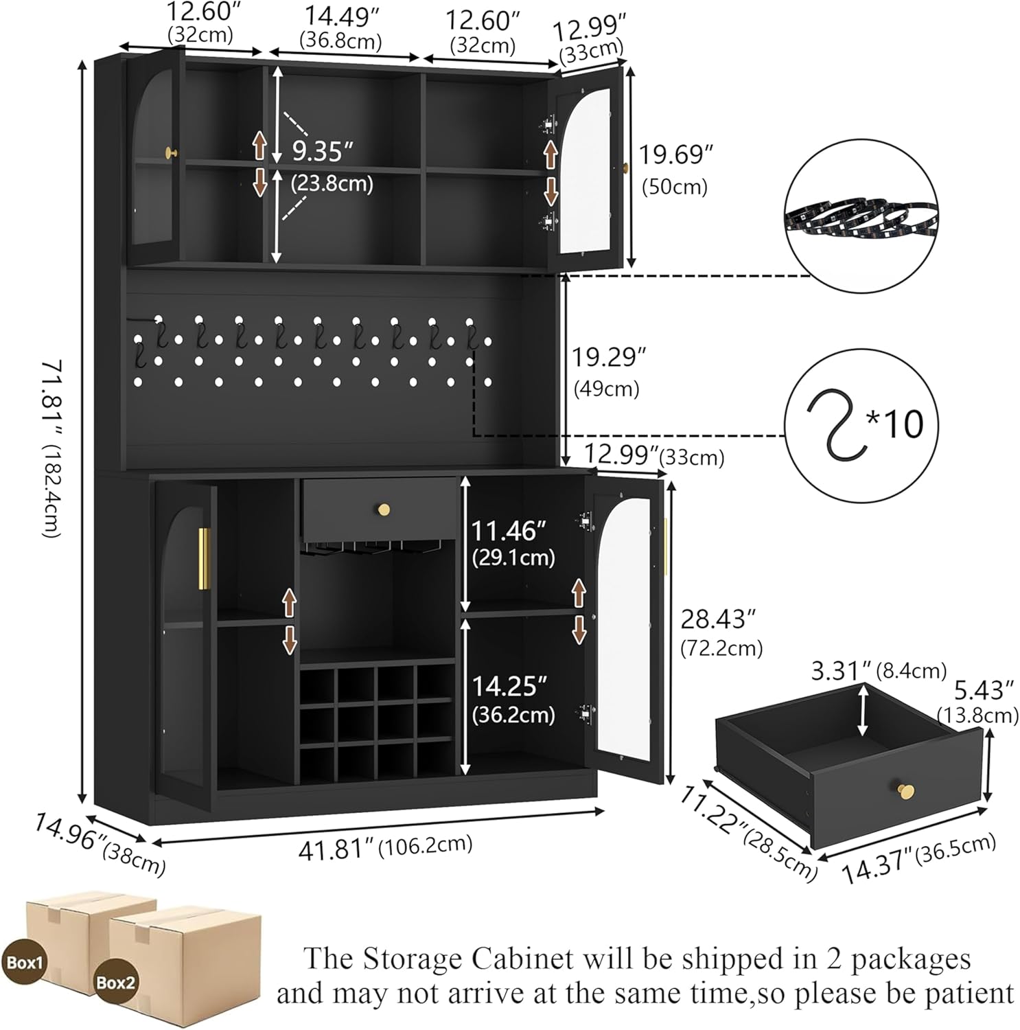 72'' Tall Kitchen Pantry Storage Cabinet with Led Light - Black Pantry Cabinet with Storage Drawers & Pegboard, Kitchen Hutches Cabinets with Wine Racks & Glass Door, Wine Bar Cabinet for Living Room