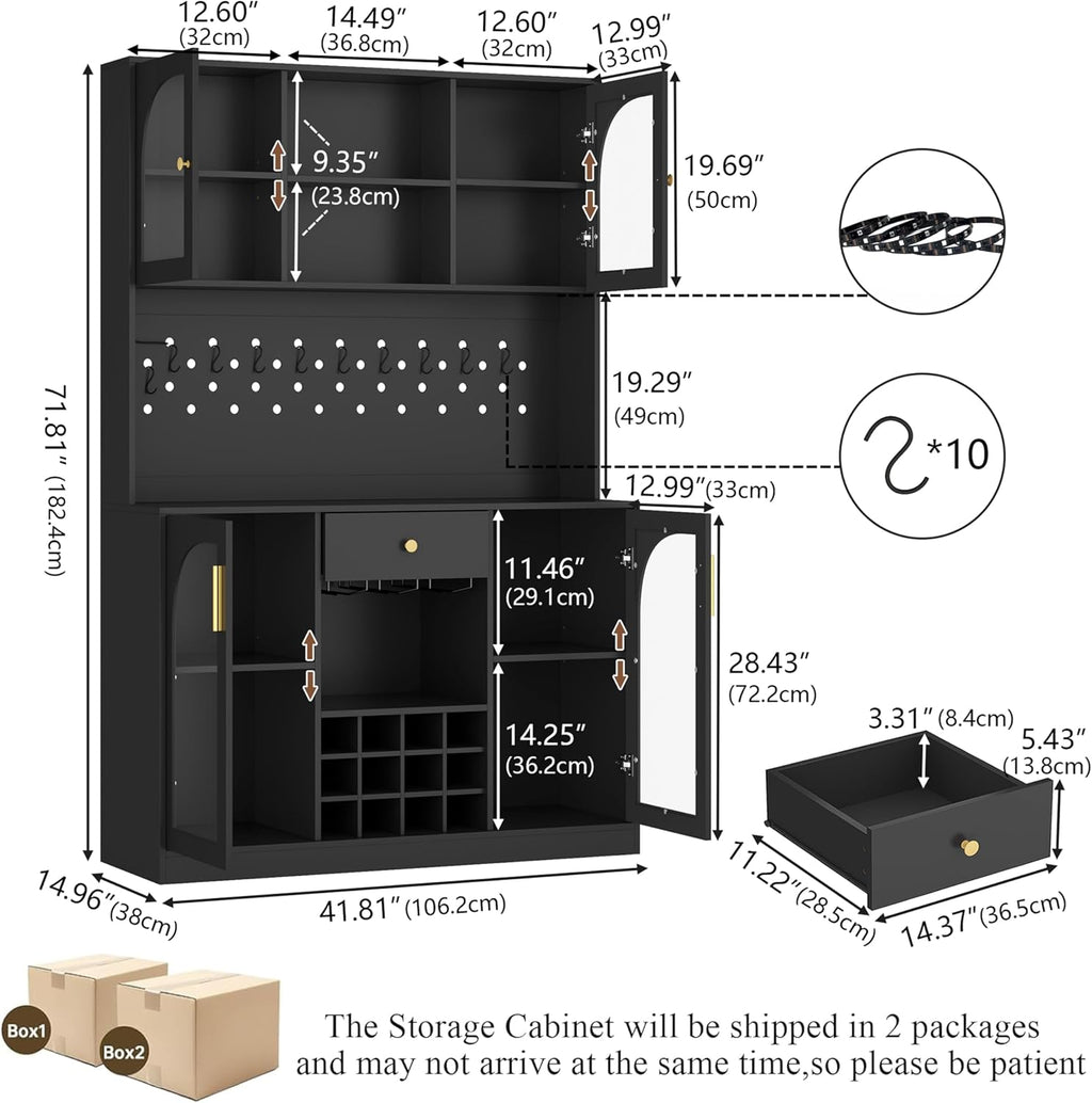 72'' Large Kitchen Pantry Cabinet with LED Light, Black Kitchen Hutch with Pegboard & Wine Racks, Modern Pantry Cupboard with Countertop & Storage Drawers, Tall Bar Cabinet for Dining Room, Home