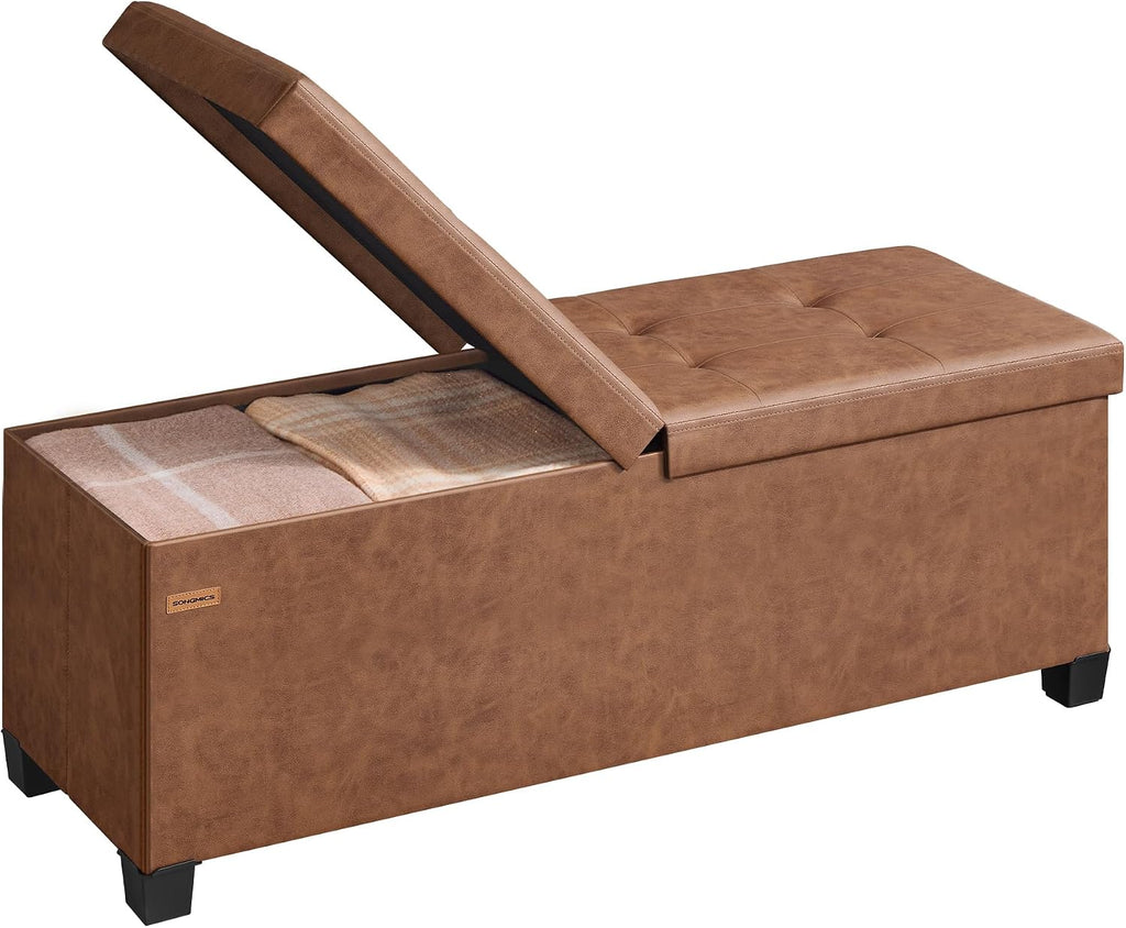 SONGMICS Storage Ottoman Bench with Legs, Flipping Lid, 43.3 Inches | Folding Ottoman Foot Rest, PU Leather, for Living Room, Bedroom, Entryway, Coffee Brown, Mazie Collection ULSF085KQ01