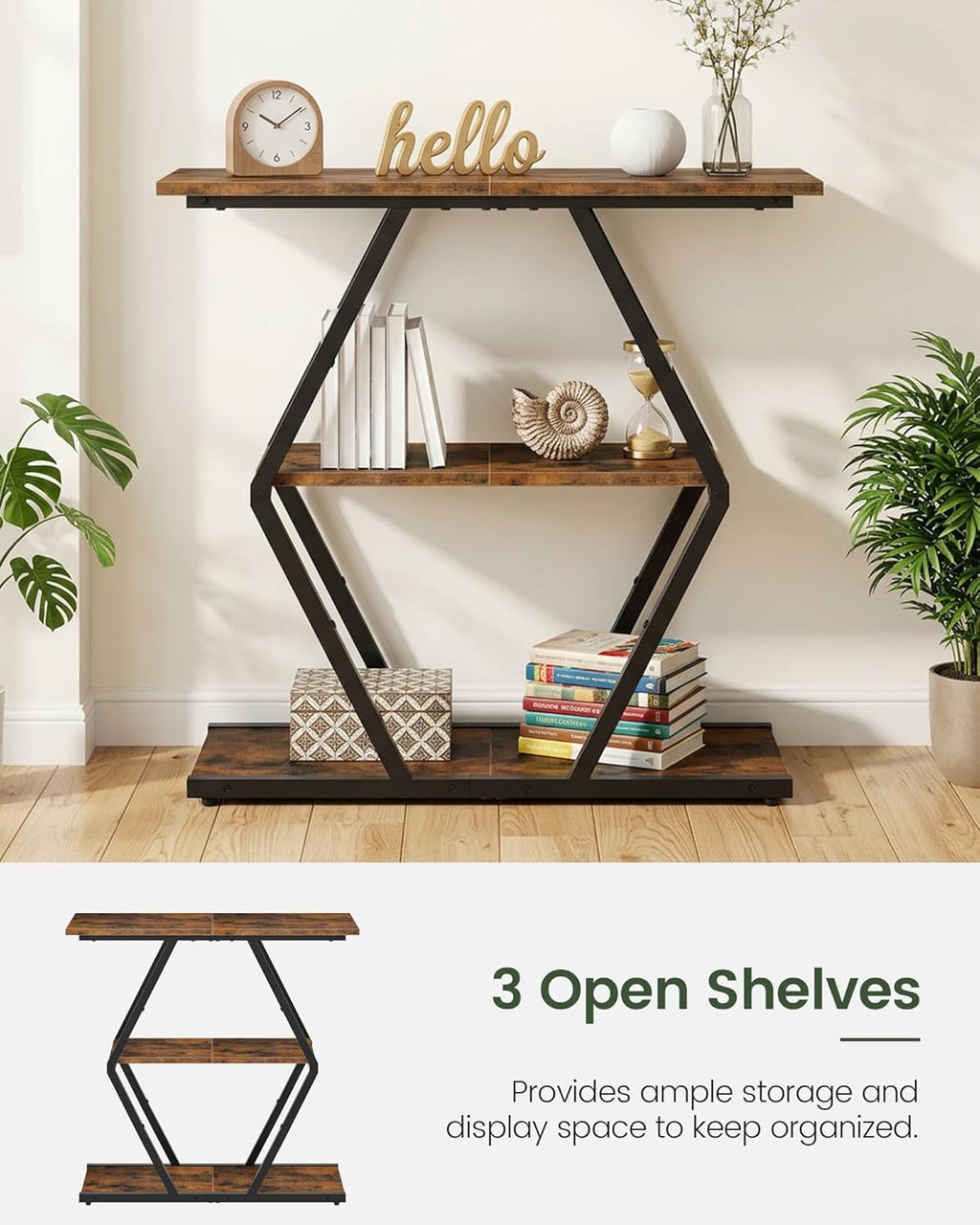 CHOEZON 3-Tier Console Table, Entryway Table, Sofa Table with Open Shelves, Diamond-Shaped Behind Coach Table, Industrial, for Hallway, Entryway, Living Room, Stairwell, Rustic Brown and Black TXG08BF