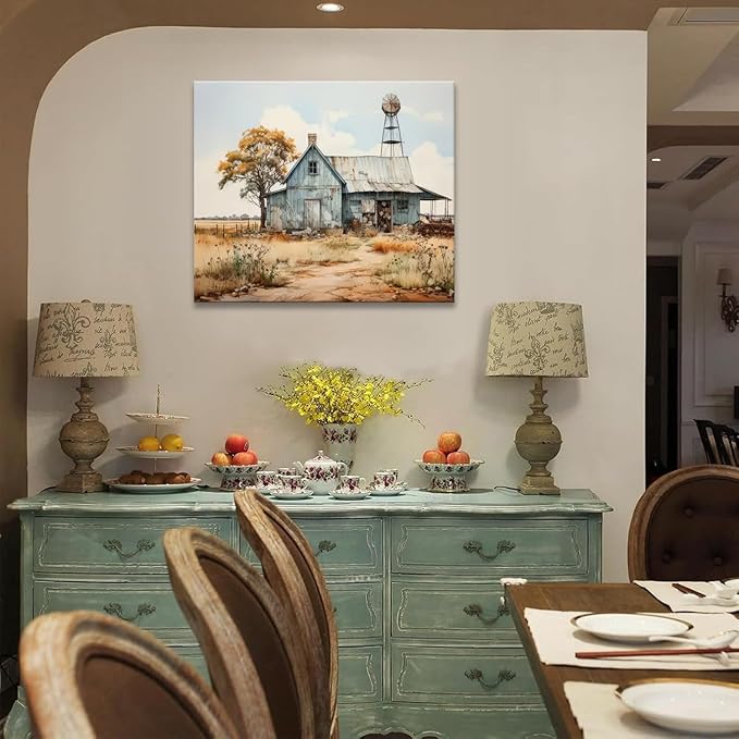 CYULWNNO Farmhouse Canvas Wall Art Old Barn Prints Posters Country Landscape Painting Pictures Country Road Wall Decor Framed for Dining Room Bathroom Living Room Bedroom