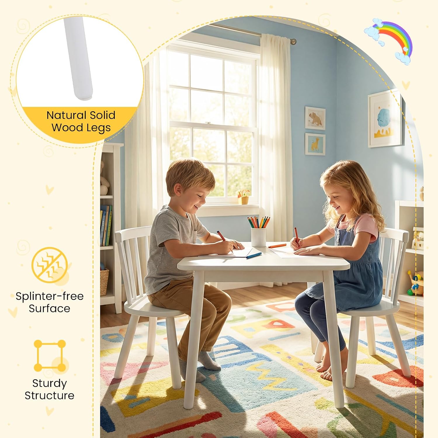 GLACER Kids Table and Chairs, 3-Piece Wooden Activity Table and Chair Set with Pine Legs & Windsor Back for Play, Reading & Learning, Playroom Nursery Furniture for Boys and Girls Ages 3+ (White)