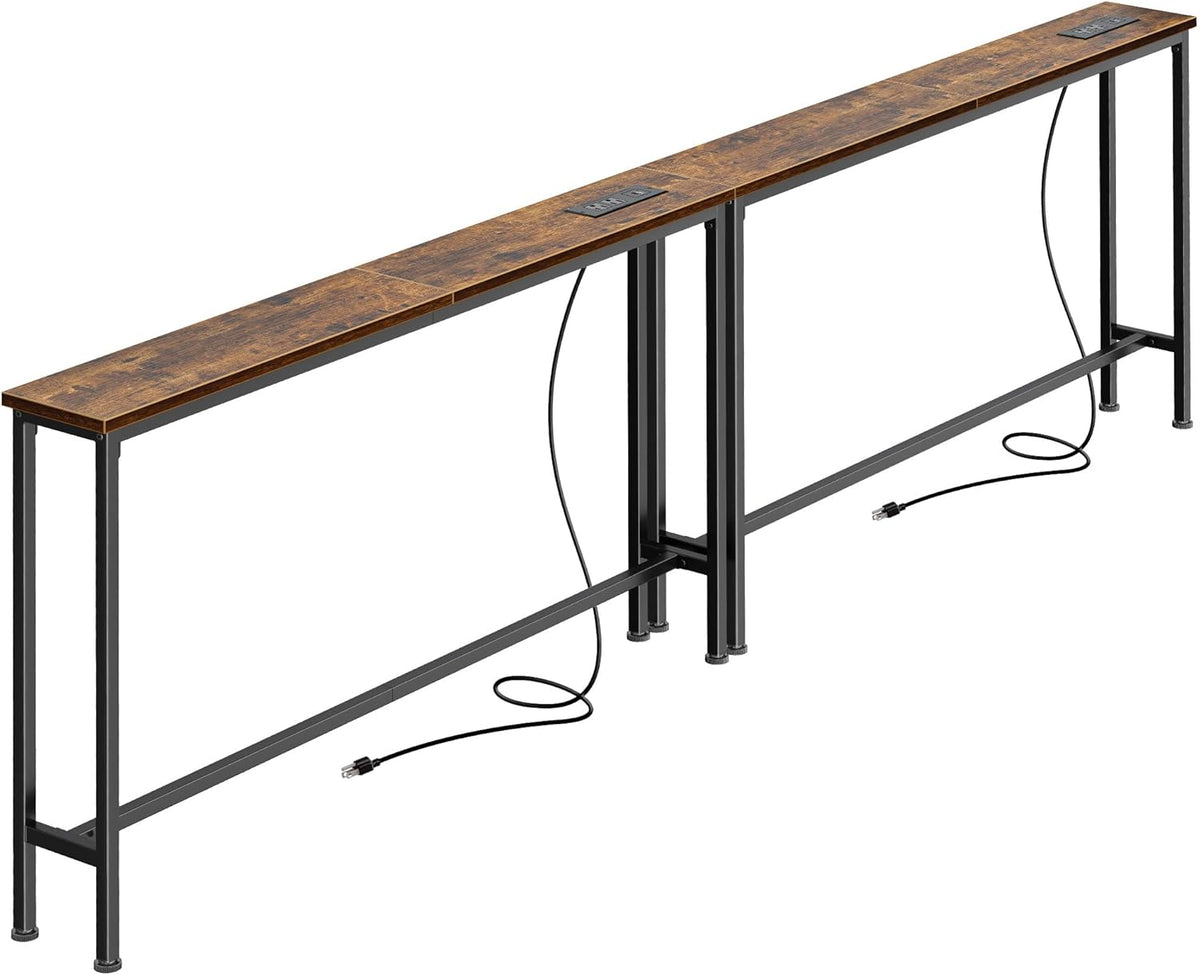 SUPERJARE 86.6 inch Narrow Behind Couch Table with Charging Stations | Power Outlet with USB-C Ports, Extra Storage Behind Sofa,Sofa Table Console Table for Entryway Living room, Rustic Brown