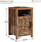oneinmil Farmhouse Nightstand with Charging Station, Couch Side Table Set of 2, Bedside Table with Storage Space, End Tables with Barn Door, Bed Side Tables for Living Room and Bedroom, Rustic Brown