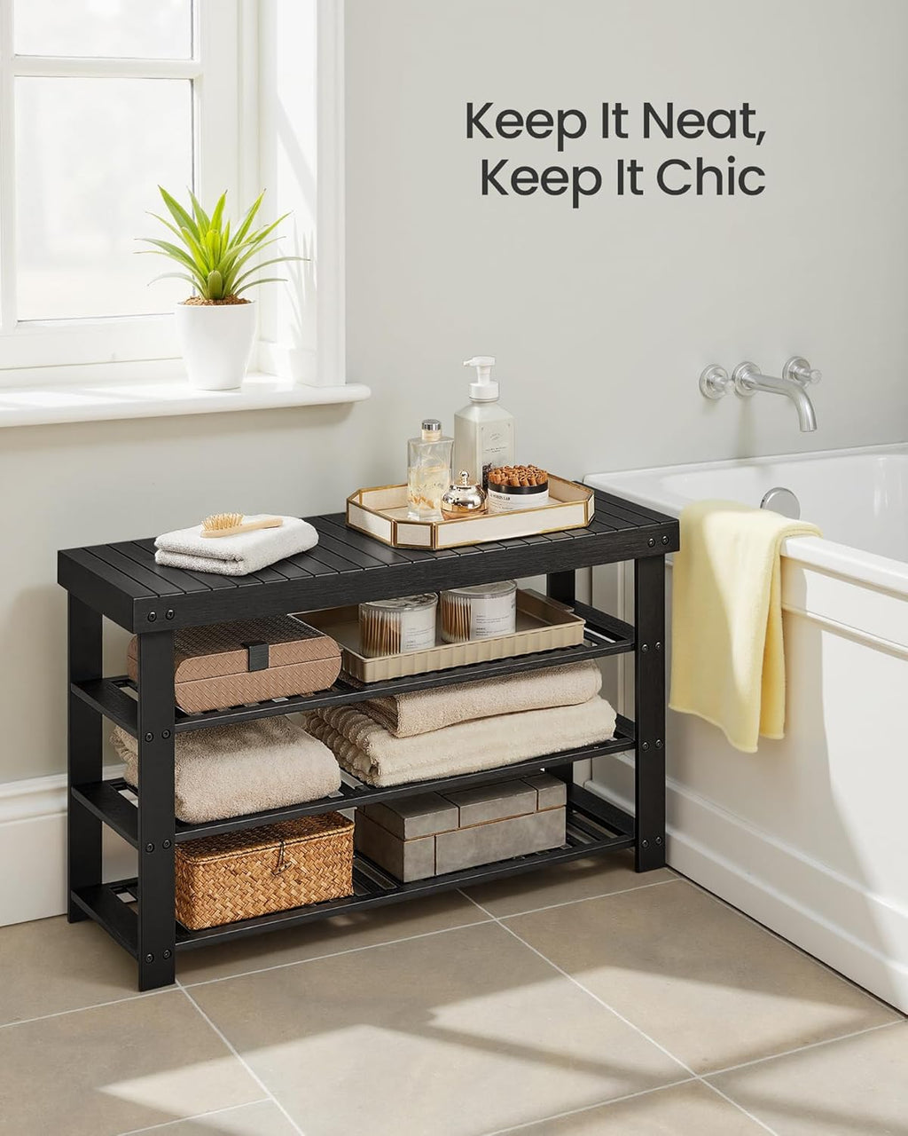 SONGMICS Shoe Rack Bench, 4 Tier Bamboo Shoe Storage Organizer, Entryway Bench, for Living Room, Bathroom, Bedroom, 11.3 x 35.2 x 20.5 Inches, Ink Black ULBS390BH01