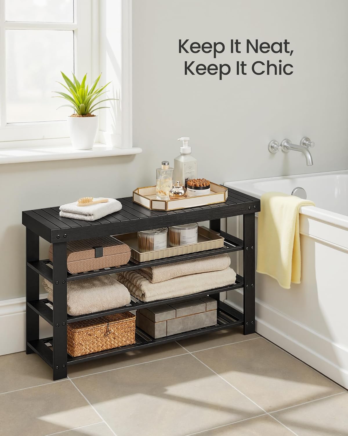 SONGMICS Shoe Rack Bench, 4 Tier Bamboo Shoe Storage Organizer, Entryway Bench, for Living Room, Bathroom, Bedroom, 11.3 x 35.2 x 20.5 Inches, Ink Black ULBS390BH01