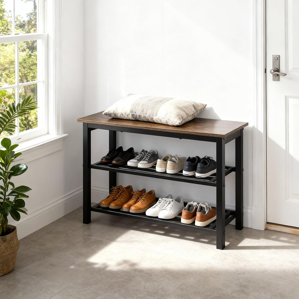 Shoe Bench, 3-Tier Shoe Rack, Industrial Shoe Organizer Storage Bench, 27.2'' Bench with Metal Shelves, for Entryway, Living Room, Hallway, Easy Assembly, 300lb Capacity - Rustic Brown