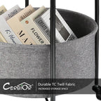Rolling Round Metal Side Table,2-Tier Storage Side Table with Wheels,End Coffee Table with Steel Frame and Fabric Storage Basket,Cart Side Table Tray for Living Room,Bedroom,Wood Black