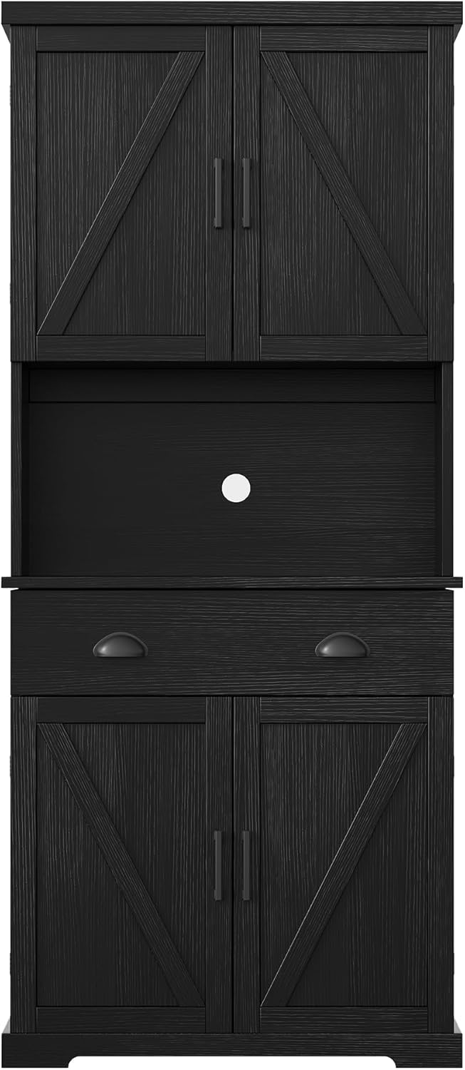 ChooChoo 72" Pantry Cabinet with Storage Drawers, Farmhouse Kitchen Hutch Bar Cabinet with Microwave Stand, Kitchen Cupboard with Door Shelves for Dining Room, Living Room, Black