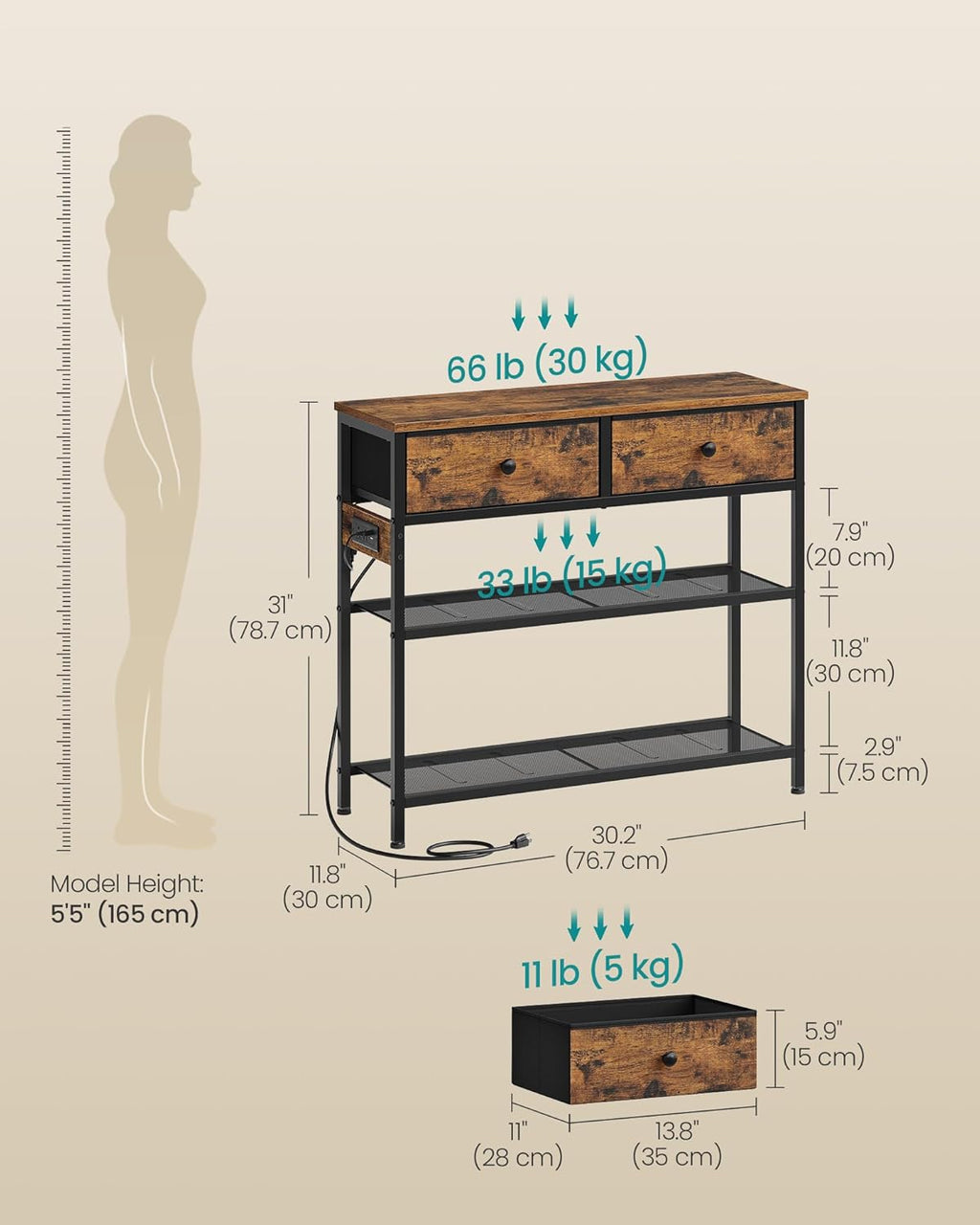 SONGMICS Console Table with Charging Station, Narrow Sofa Table with LED Lighting, for Entryway, Living Room, 11.8 x 30.2 x 31 Inches, 2 Fabric Drawers, Rustic Brown, BELLAH Collection ULGS175K101