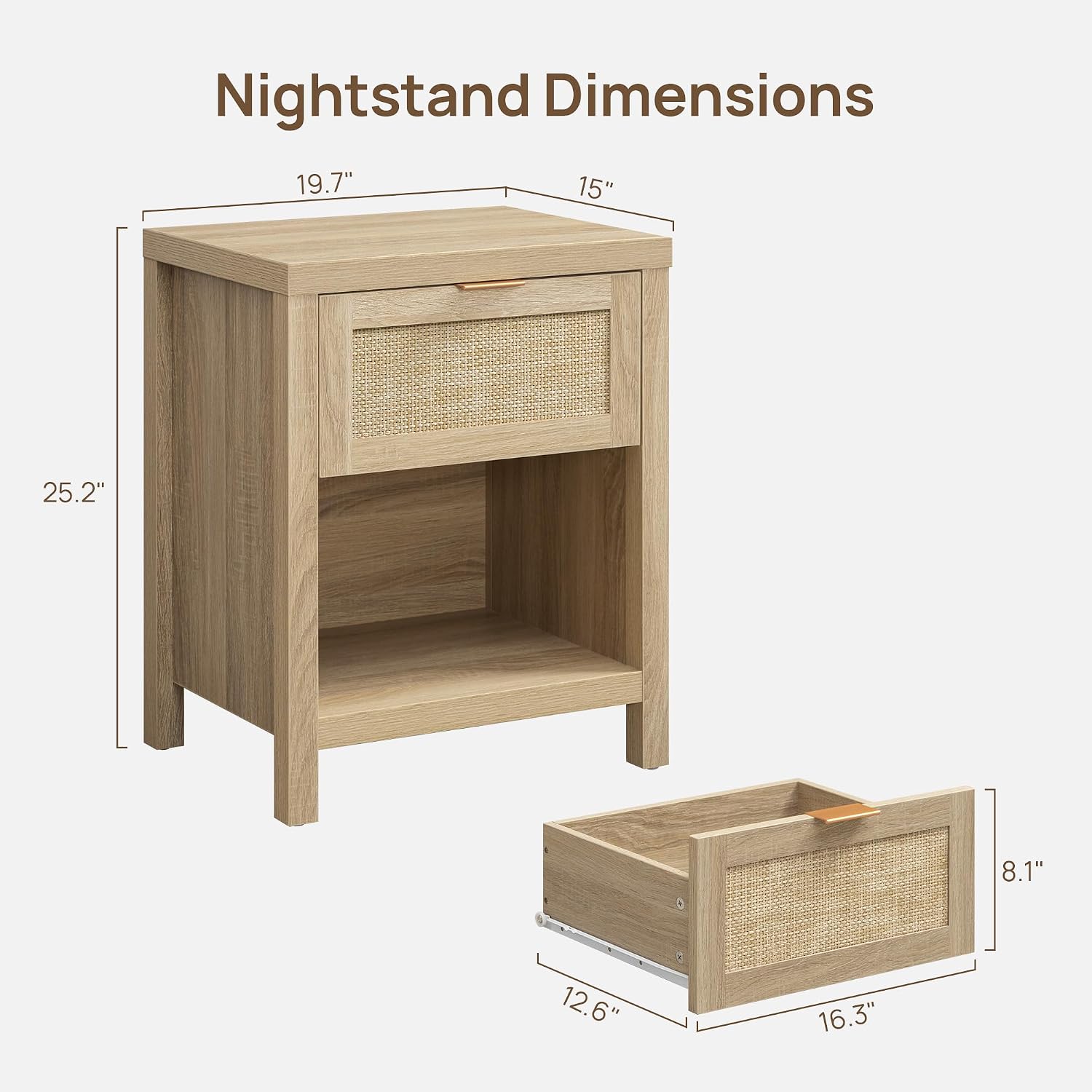SICOTAS Nightstands Set of 2 Rattan Night Stand with Drawer | Farmhouse Bedside Table with Storage Shelf - Boho End Side Table for Bedroom, Light Oak