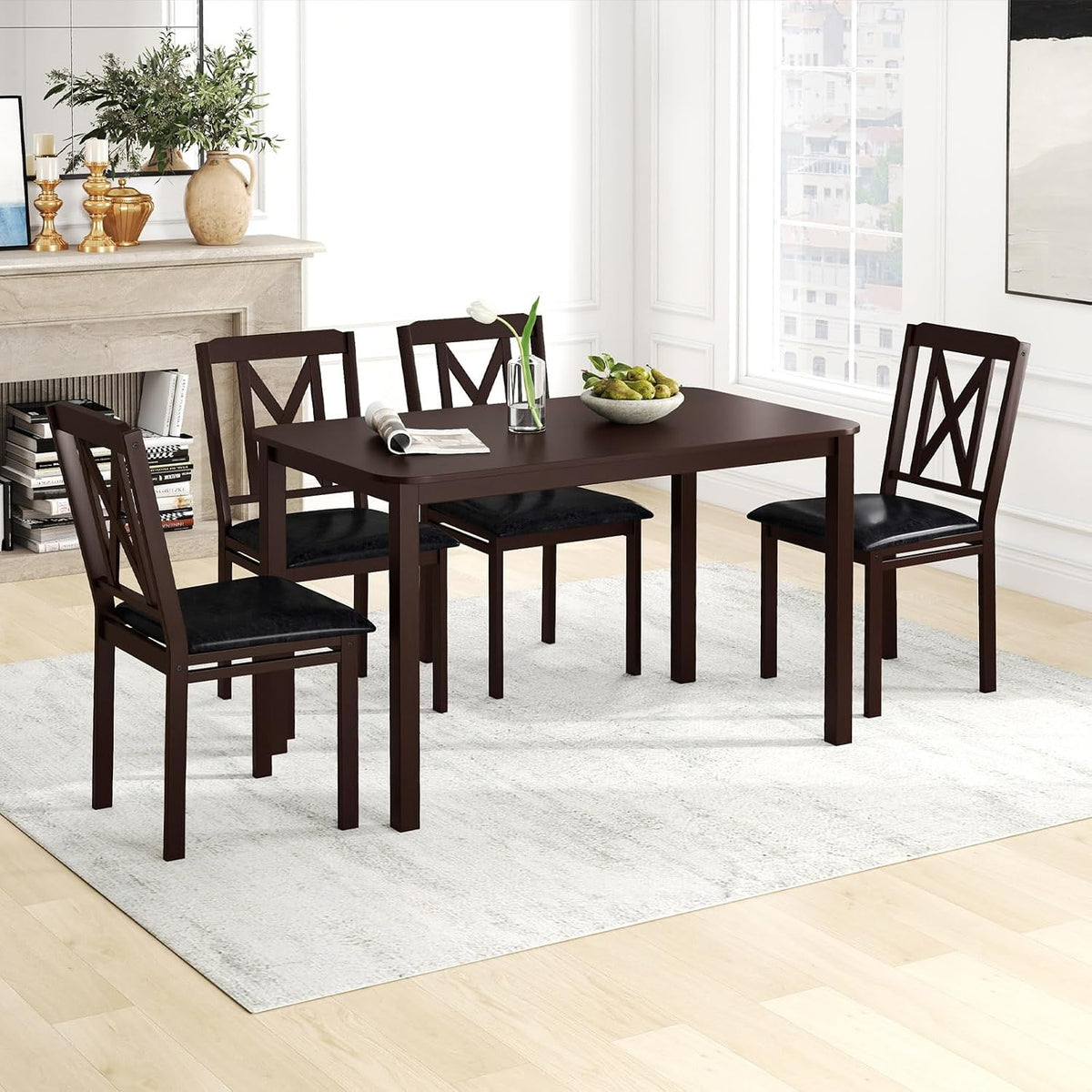 Giantex 5-Piece Dining Table Set for 4, 47" Rectangular Kitchen Table & 4 Chairs with Rubber Wood Legs, Upholstered Seat, Space-Saving Dinette Set for Small Spaces, Living Room, Apartment, Restaurant