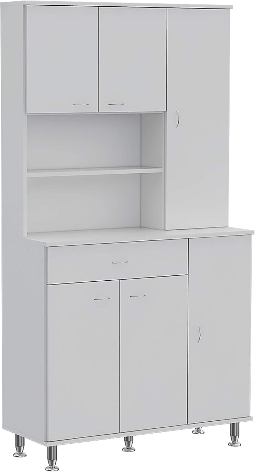 90 Kitchen Pantry Cabinet with Open Shelves, Drawer & Multiple Cabinets, White, Functional Storage for Kitchenware