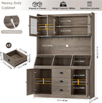 HIFIT 71.4” H Kitchen Hutch Pantry Cabinet with 3 Bread Boxes&7 Metal Hooks | Farmhouse Kitchen Hutch Cabinet with Storage and Glass Doors for Living Dining Room, Home Office, Ash Grey