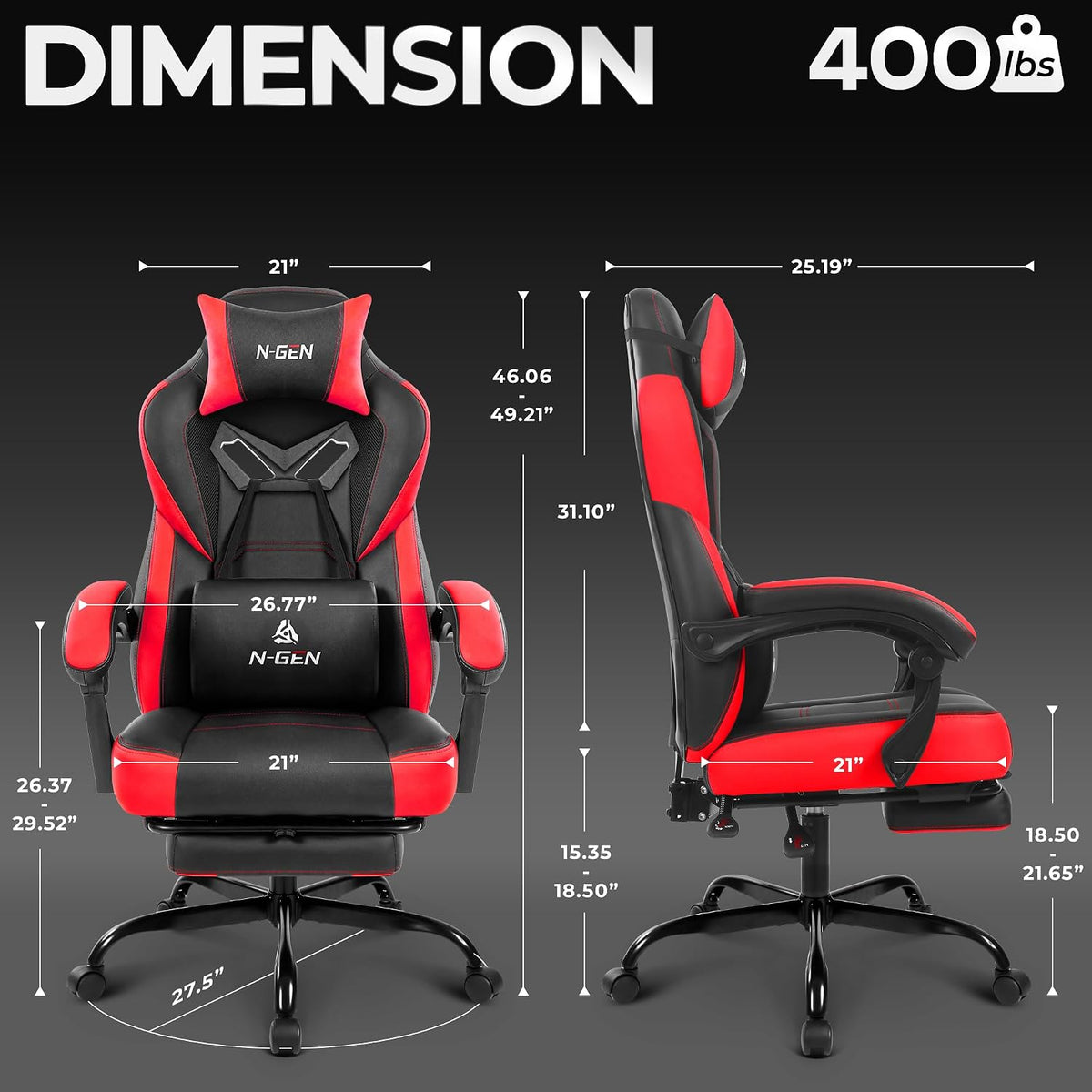N-GEN GAMING Big & Tall Gaming Chair with Footrest, Lumbar Support, Red | Ergonomic High-Back Chair for Adults, Padded Wide Seat with Heavy-Duty Base, Reclining Comfort for Computer, Office/Home Use