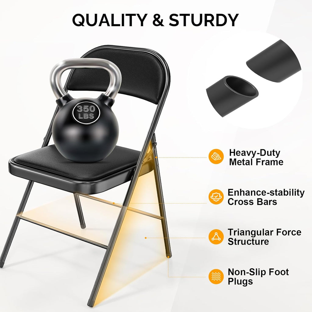 Bonnlo Folding Chair with Comfortable Padded Cushion and Back, Portable Folding Chairs for Outside, Office Events, Weddings, Pu Leather, 10 Black
