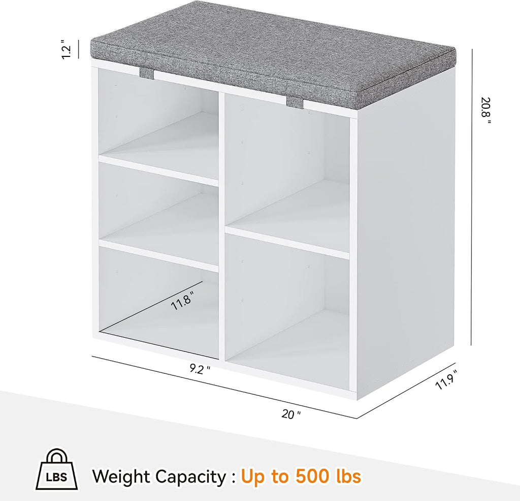 GarveeLife Shoe Storage Bench with Cushion, 3-Tier Adjustable Shelf Shoe Cabinet, Small Shoe Rack Bench for Hallway, Living Room, Bedroom and Closet(White, 20 Inches)