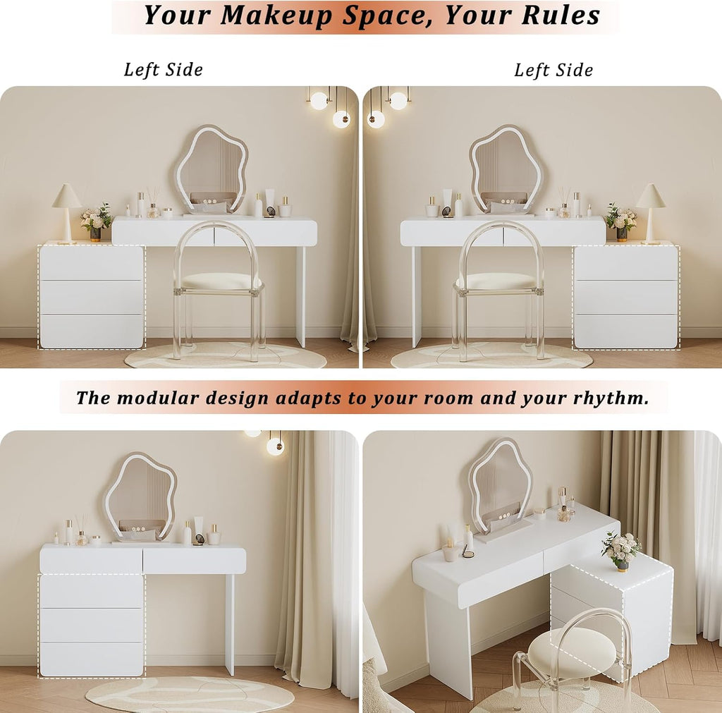 IKuinen White Makeup Vanity with Mirror and Lights, Vanity Set with Free Retractable Side Cabinet, Dresser Table with 5 Solid Wood Drawers, Luxury Dressing Table with Stylish Stool