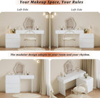 IKuinen White Makeup Vanity with Mirror and Lights, Vanity Set with Free Retractable Side Cabinet, Dresser Table with 5 Solid Wood Drawers, Luxury Dressing Table with Stylish Stool