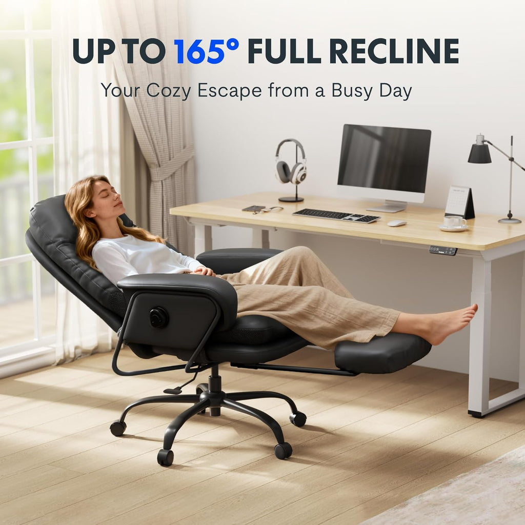 FLEXISPOT 2-in-1 Chaise Lounge Chair Indoor with Wheels Footrest 90-165° Reclining Lumbar Support, Home Office Chairs for Living Room Bedroom Study Relaxing Working, PU Leather, Black, HC4