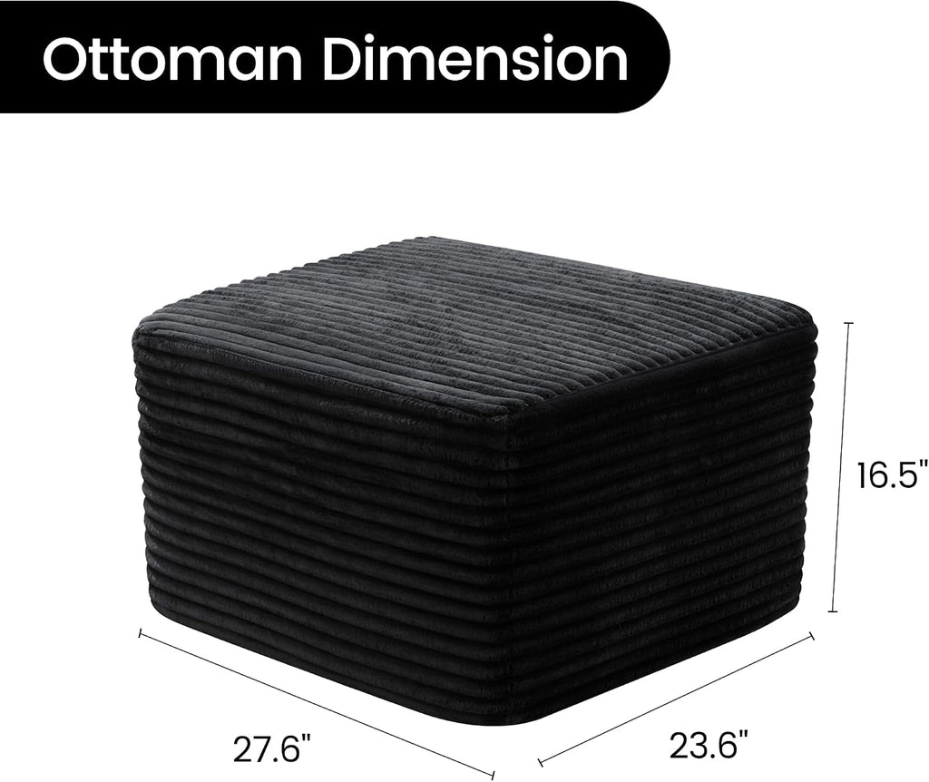 27.6" Floor Ottoman, Plush Corduroy Ottoman Foot Rest for Couch in a Box, Compressed Soft Foam Footrest No Assembly Require, Large Square Footstool for Living Room, Bedroom, Black