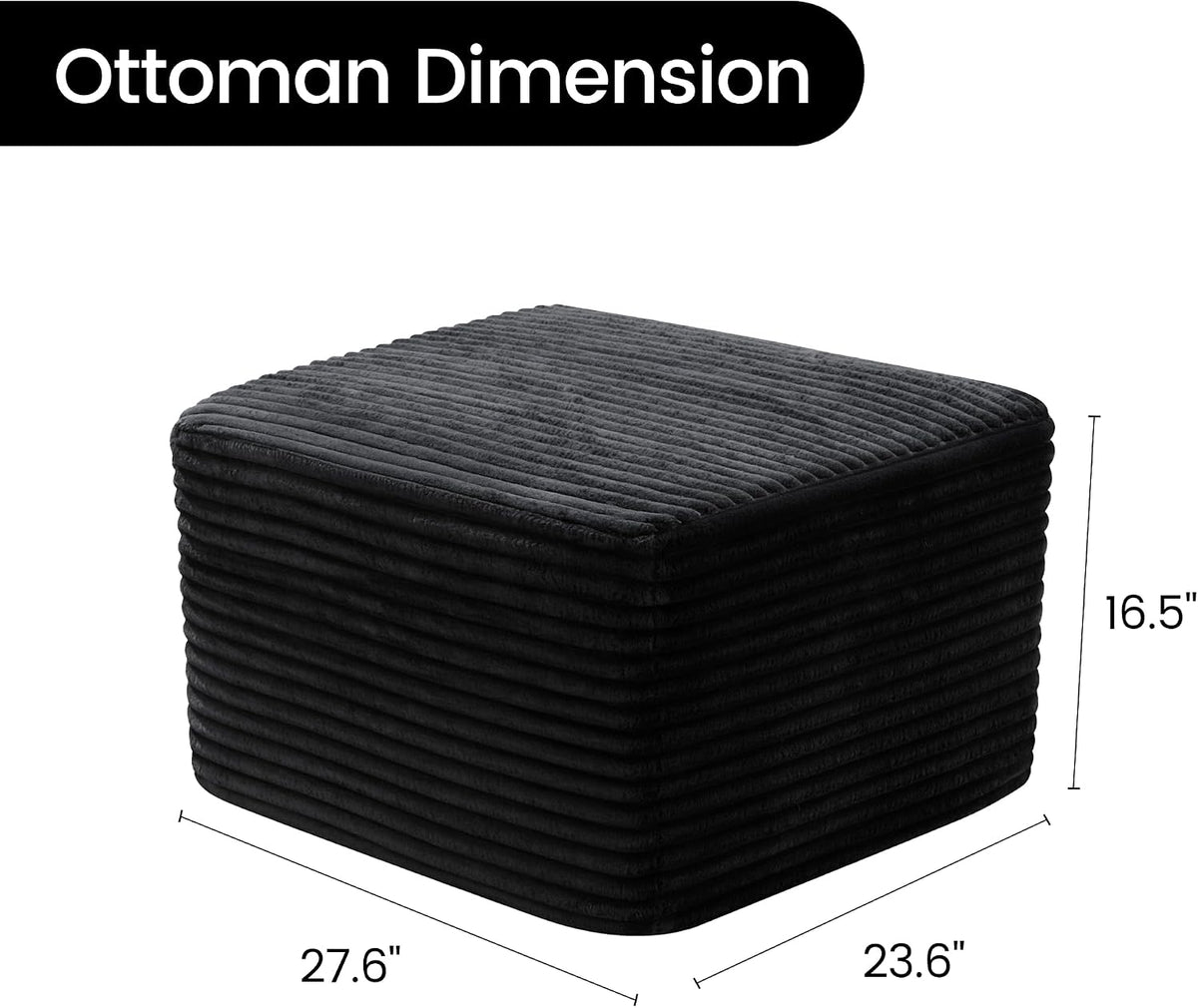 27.6" Floor Ottoman, Plush Corduroy Ottoman Foot Rest for Couch in a Box, Compressed Soft Foam Footrest No Assembly Require, Large Square Footstool for Living Room, Bedroom, Black
