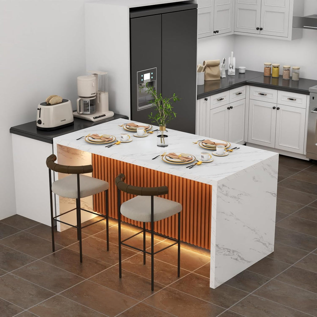 63" Large Imitation Marble Dining Table for 4-6 People,Kitchen Island Table with LED Lights, Mordern Marble Stripes Kitchen Dining Table with Grille design for Dining Room,Living Room (White)
