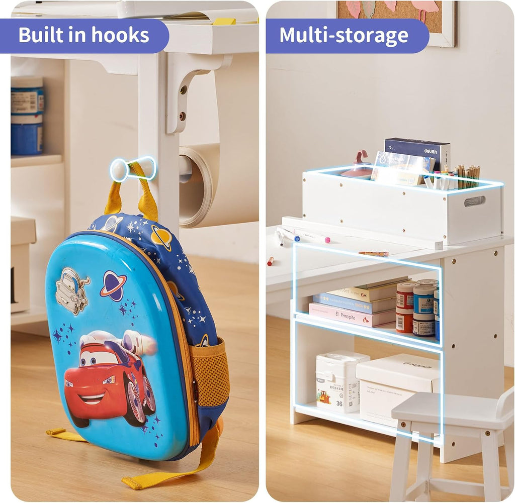 UNICOO Kids Art Table and Chair Set with Paper Roll Holder, Toddler Craft Table with Storage Shelves, Side Supply Tray, Removable Organizer Caddy and 2 Stools, Drawing Activity Desk for Ages 2-12
