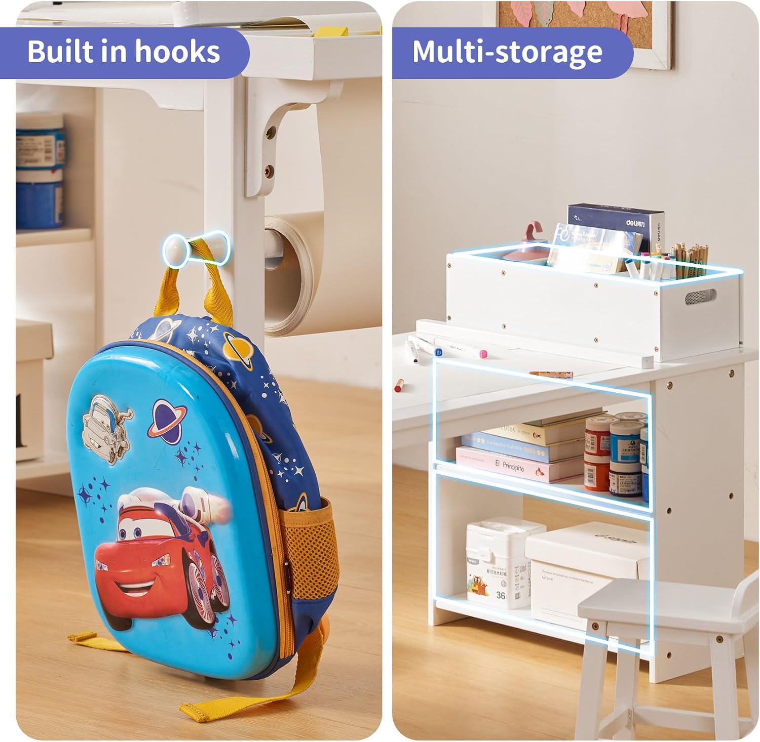 UNICOO Kids Art Table and Chair Set with Paper Roll Holder, Toddler Craft Table with Storage Shelves, Side Supply Tray, Removable Organizer Caddy and 2 Stools, Drawing Activity Desk for Ages 2-12