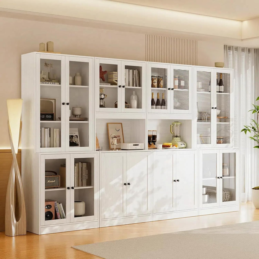 TUSY VOWNER 71'' Tall Pantry Cabinet, Kitchen Hutch Storage Cabinet, Buffet Hutch, China Cabinet with Glass Doors, 5-Tier Storage Cabinets for Dining Room, Kitchen, Living Room (White)