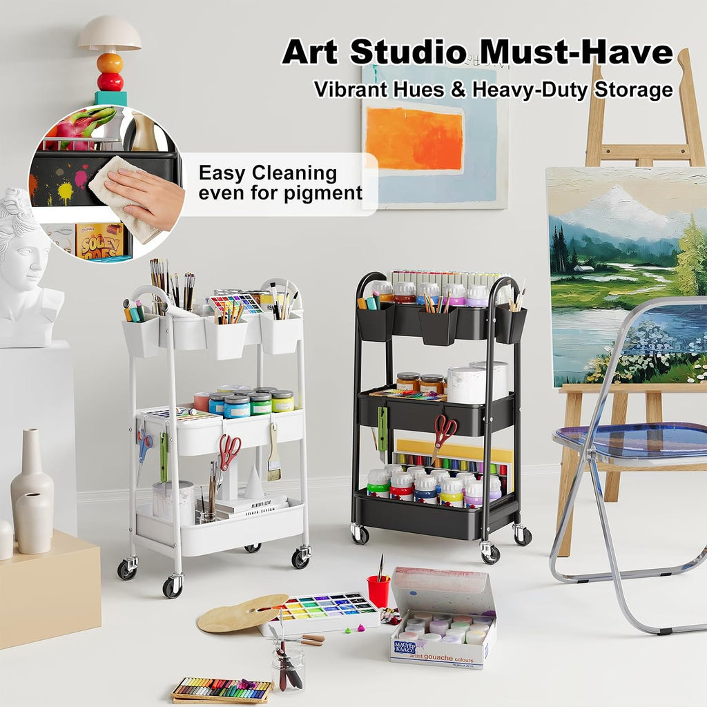 3 Tier Rolling Storage Cart with Wheels for Pantry Floor Organzier, Metal Utility Roller Trolley on Lockable Wheels, Three Tiered Snack Carts for Laundry, Kitchen Organziers, Art, Craft, Book, White