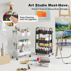 3 Tier Rolling Storage Cart with Wheels for Pantry Floor Organzier, Metal Utility Roller Trolley on Lockable Wheels, Three Tiered Snack Carts for Laundry, Kitchen Organziers, Art, Craft, Book, White