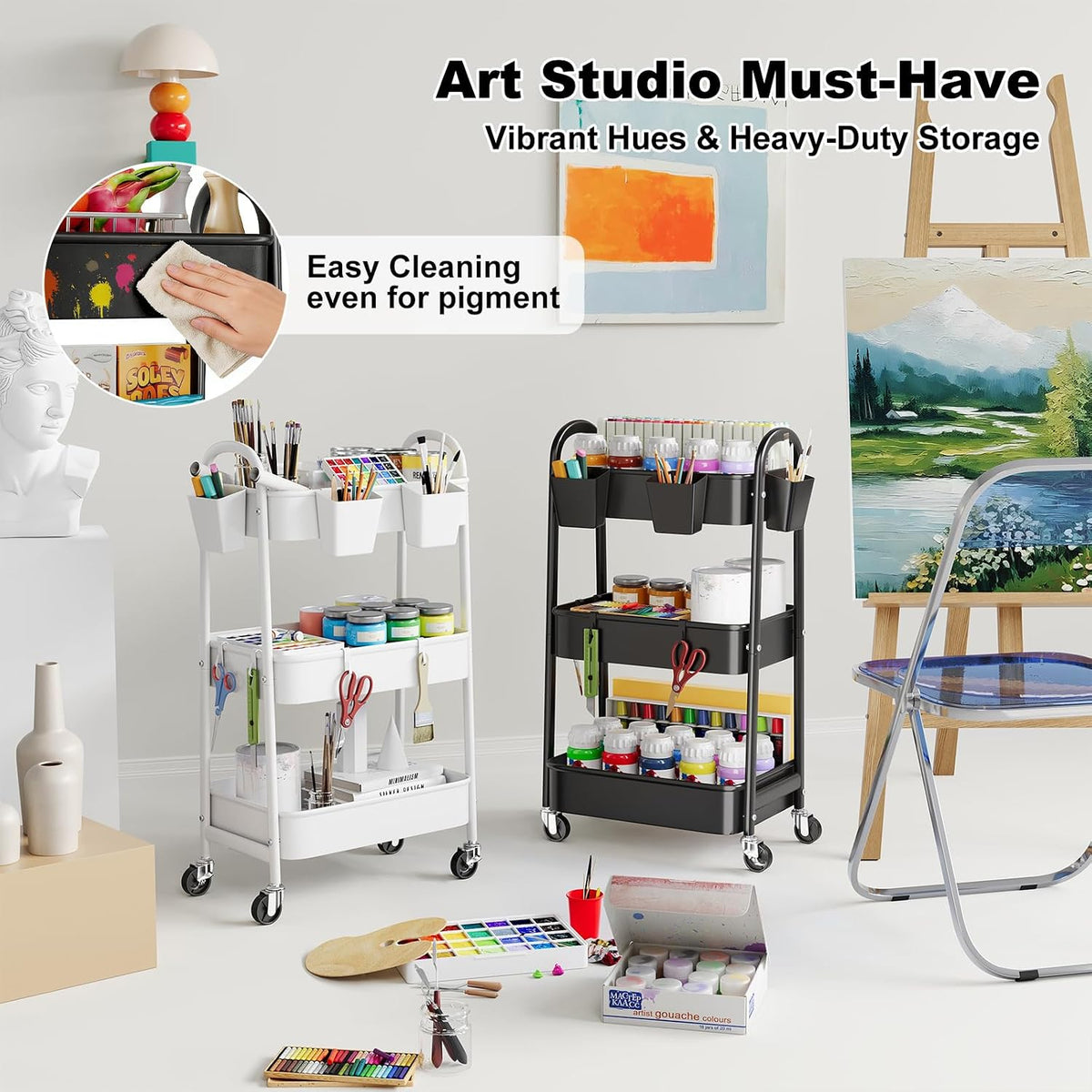 3 Tier Rolling Storage Cart with Wheels for Pantry Floor Organzier, Metal Utility Roller Trolley on Lockable Wheels, Three Tiered Snack Carts for Laundry, Kitchen Organziers, Art, Craft, Book, White