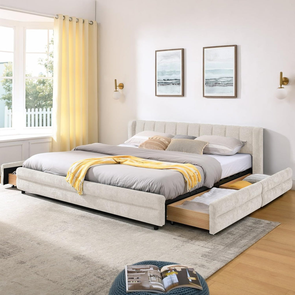KEIKI Thick Chenille King Bed Frame with 4 Storage Drawer & Upholstered Tufted Cushioned Headboard, Modern Solid Wood Floor Platform Cloud Bed Frame for Bedroom, No Box Spring Needed, Beige